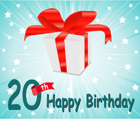 20 year Happy Birthday Card with gift and colorful background