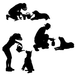 Vector silhouette of people with dog.