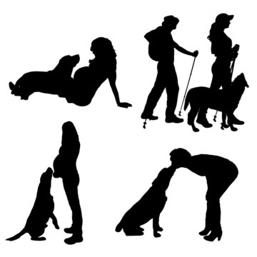 Vector silhouette of people with dog.