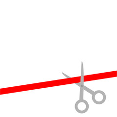 Scissors cut straight red ribbon on the right. Flat design