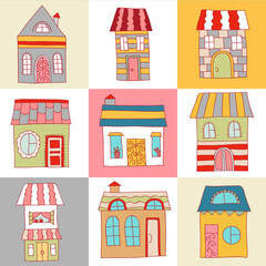 Vector hand drawn houses, homes, architecture, buildings