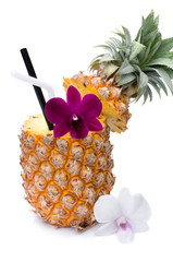 pineapple juice with orchid in fresh fruits
