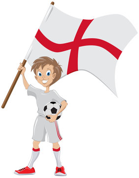 Happy soccer fan holds English flag