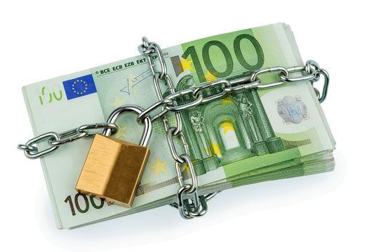 Euro-Geldscheine mit Kette und Vorh&auml;ngeschloss