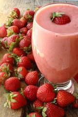 Pink smoothie made with strawberries