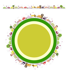 round background with houses, trees, cars