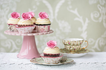Afternoon tea with rose cupcakes