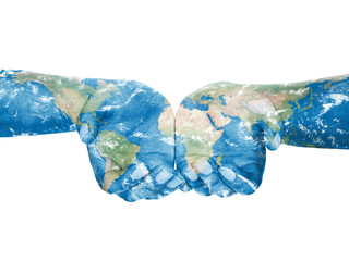 Map painted on hands.Concept of having the world in our hands