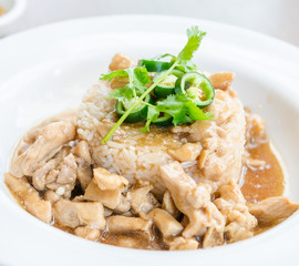 Chicken with brown sauce on rice