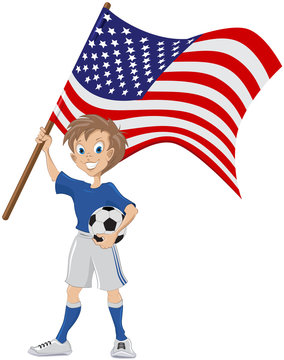 Happy soccer fan holds USA flag
