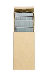 close - up metal staples isolated on white background