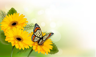 Summer background with yellow beautiful flowers and butterfly. V