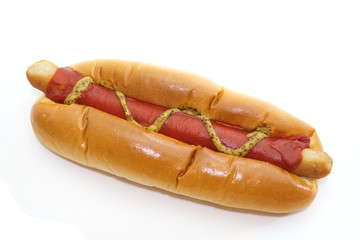 appetizing takeaway hotdog with mustard and ketchup