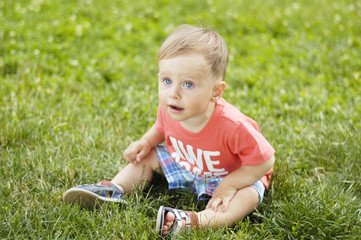 Cute small boy on grass