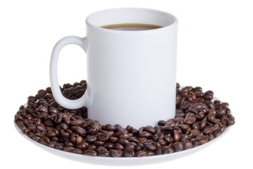 Coffee beans with a cup of coffee