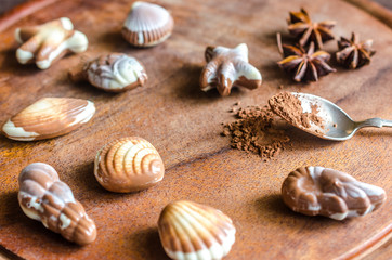Fototapeta na wymiar Luxury chocolate candies in the form of seafood