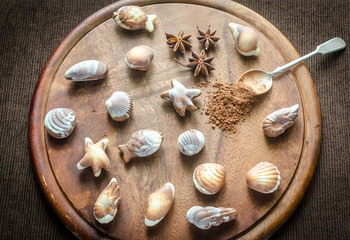 Luxury chocolate candies in the form of seafood