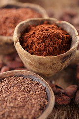 cocoa powder in spoon on roasted cocoa chocolate beans backgroun
