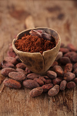 cocoa powder in spoon on roasted cocoa chocolate beans backgroun