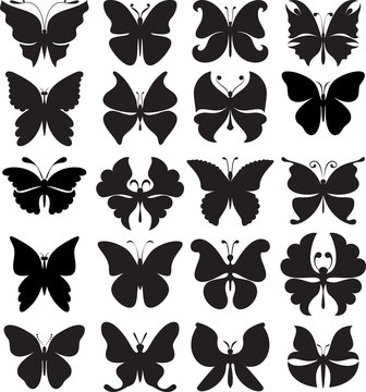 Set of black silhouettes of butterflies