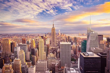 Foto op Plexiglas Manhattan Uitzicht op de zonsondergang van New York City met uitzicht over midtown Manhattan