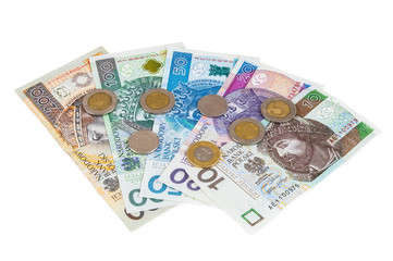 Obraz na płótnie Canvas Set of new polish banknotes and coins