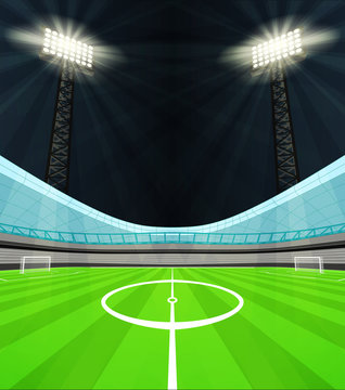 stadium midfield view with shiny reflectors at night vector