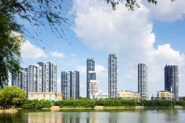 The lake side of the high-rise buildings