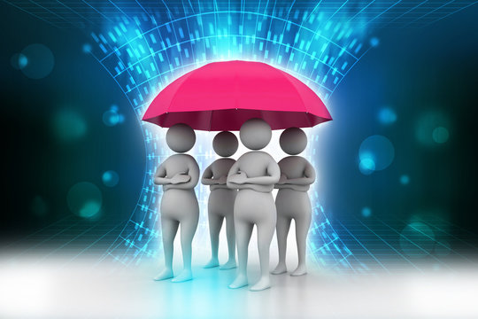 3d people under a red umbrella, team work concept