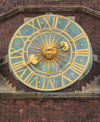 old clock on tower of the city hall, wroclaw, poland