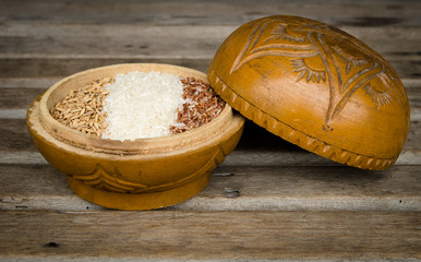 Rices in a wood bowl