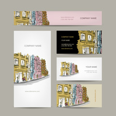 Business cards design with old city street sketch