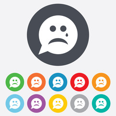 Sad face with tear sign icon. Crying symbol.