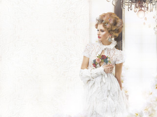 Nostalgic Styled Woman in Openwork Lacy Retro Dress