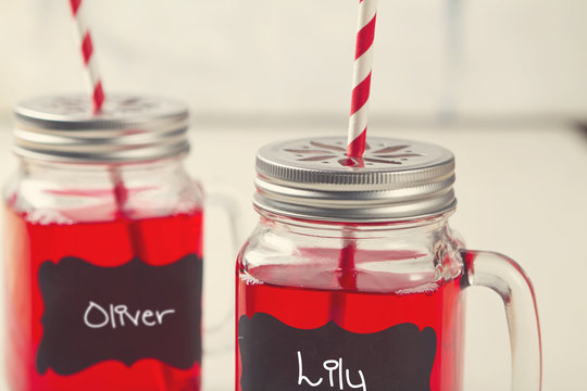 Kids party lemonade drinks in mason jars