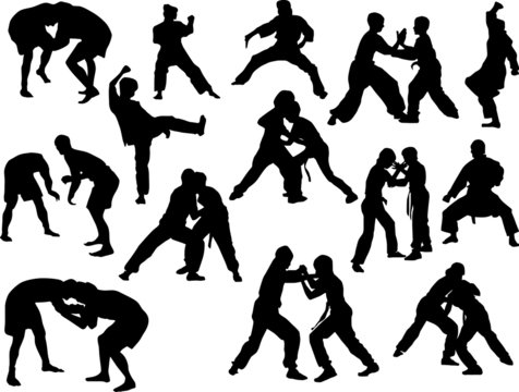 hand-to-hand fighters isolated silhouettes