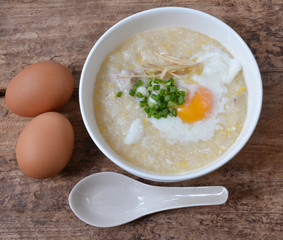 Thai style breakfast with pork and soft-boiled egg
