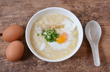 Thai style breakfast with pork and soft-boiled egg
