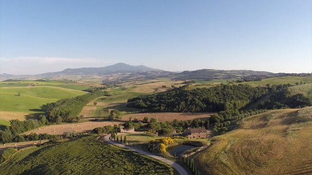 Val d'Orcia in the province of Siena in Tuscany, aerial view