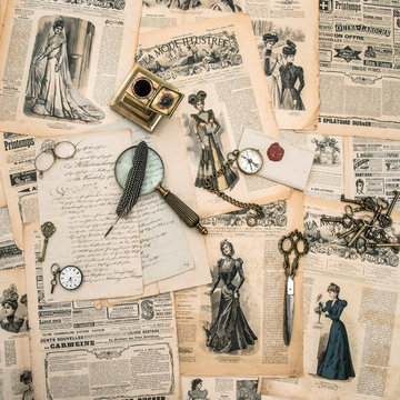 antique office supplies, writing tools, vintage fashion magazine