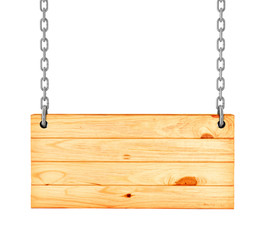 Wood sign from a chain on an isolated white background