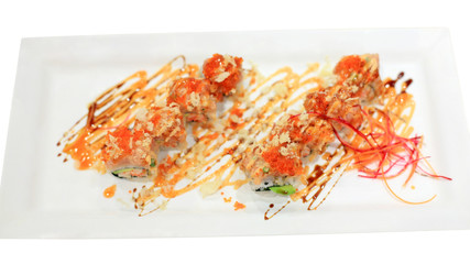 Tuna and Salmon sushi roll with spicy sauce
