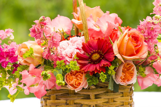 Basket Bouquet with  Roses, Gaillardia, Sweet Peas, Llarkspur, B