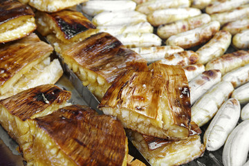 close up many potato grill in thai market