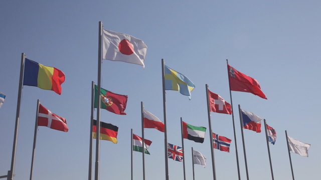 Flags of the countries of the world wave on a wind