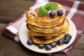 Delicious pancakes with blueberry and mint