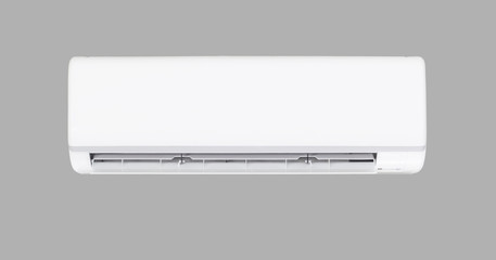 Air conditioner (AC) indoor unit or evaporator and wall mounted. That is part of mini split system or ductless system type. For removing heat and moisture from room. Isolated on white background. © DifferR