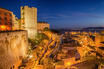 Old Town of Cagliari (Capital of Sardinia, Italy) in the sunset - obrazy, fototapety, plakaty