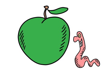 doodle green apple and worm