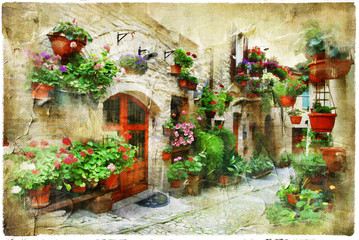 Obrazy na Szkle  kwiatowy ulice Spello, Umbria, Włochy. artystyczny obraz